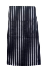 A full-waist striped apron in black and white, featuring vertical stripes and a simple design.