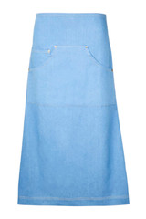 A long waist denim apron in light blue with a front pocket and brass studs. Features a simple, elegant design.