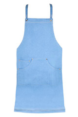 A denim apron in light blue featuring an adjustable neck strap and a front pocket. It has a logo on the front.