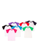 A collection of eight raglan T-shirts in various colours: black, purple, blue, red, pink, and green. Each shirt has white body.