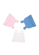Three beanies in pink, blue, and white, each featuring ears on the top, with one displaying a logo.