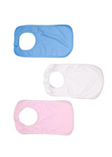 Three organic kids' bibs in blue, white, and pink, with circular neck openings and soft fabric. Each bib has a logo.