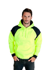 A men's hoodie featuring a bright yellow body with black contrast panels and a front pocket. It has a hood and a logo.