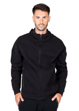 A black men's hoodie with a zip design, featuring a hood and side pockets. The model is standing against a plain background.