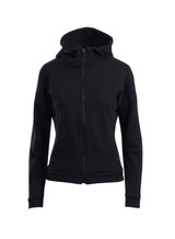 A women's juniors' black hoodie with a zip front and a hood. It features a logo on the design.
