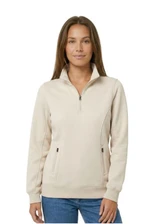 A grey women's half zip fleece jumper with long sleeves and side pockets, featuring a logo on the front.