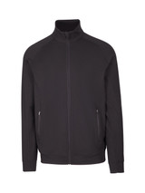 A black zip-up jacket with two front pockets and a high collar, featuring a logo on the chest.