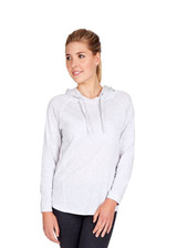 A light grey women's fusion T-shirt hoodie with a relaxed fit and a hood, featuring a logo.