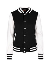 A black and white women's junior varsity jacket with a classic design and striped knit collar and cuffs.