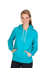 A teal hoodie with a front pocket and drawstrings, displayed on a smiling model against a white background.