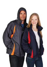Two models wearing shower-proof sportech nylon jackets in navy and grey, featuring orange accents. The jackets have hoods and branding.