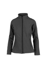 A women's soft shell jacket in a textured dark grey, featuring zippered pockets and a stand-up collar.