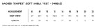 A size chart for the Women's Soft Shell Vest in the TEMPEST Range, detailing measurements for various sizes.