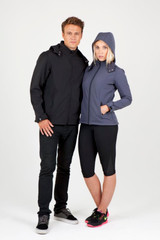 A black men's soft shell hooded jacket and a navy women's soft shell jacket, both feature hoods and logos.