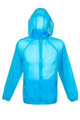 A light blue men's air jacket with a hood, featuring a zippered front and a logo on the design.