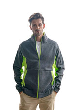 A men's jacket in grey with bright green accents, featuring a zip front and a casual fit.