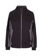 A women's jacket in black and grey, featuring a zip front and a high collar. It has a logo on the chest.