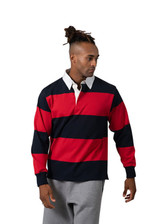 A men's unisex rugby polo in red and navy stripes with a white collar and a small logo on the chest.