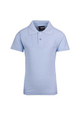 A light blue kid's pique polo shirt with a collar and a logo on the label. Perfect for casual wear.