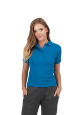 A women's cotton polo shirt in a vibrant blue colour, featuring a collar and three-button placket.