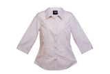 A light pink women's 3/4 sleeve button-up shirt with a fitted design and a logo on the collar.