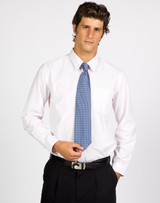 A button-up shirt in white with subtle stripes, paired with a blue tie, showcased on a model.