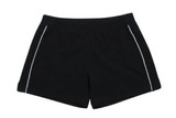 Black sports shorts featuring white side detailing and a logo.
