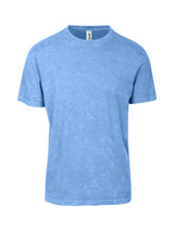 A blue stone wash T-shirt with a crew neck and short sleeves, featuring a logo tag.