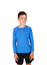 A long sleeve T-shirt for kids in blue, featuring a sleek design and a logo on the front.