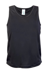 A black kids' singlet featuring a sleeveless design and a logo on the label.
