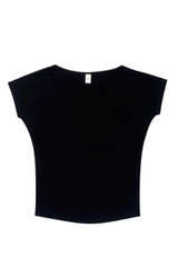 A black women's bat wing T-shirt with a wide neckline and short sleeves. It features a plain design and has a logo.