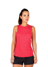 A sleeveless women's tee in heather red, featuring a fitted design and a logo on the chest.