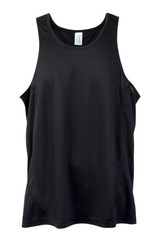 A black men's singlet made from cool dry fabric, featuring a logo on the design.