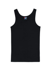 A black men's cotton rib singlet featuring a simple design and a logo on the label.