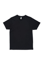 A black unisex T-shirt with short sleeves, featuring a logo on the label.