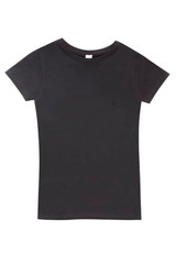 A black women's organic cotton T-shirt with short sleeves and a crew neckline, featuring a plain design.