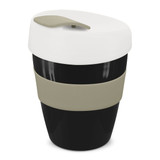 A drink bottle featuring a black and white design with a striped beige band and a lid. It includes a logo.