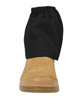 A tan boot with a black boot cover secured around the upper part, featuring an elastic top for a snug fit. A tan boot with a black boot cover secured around the upper part, featuring an elastic top for a snug fit.