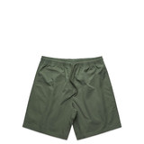 Active training shorts in olive green with an elastic waistband and drawstring. Features a logo on the fabric.