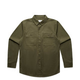 An olive green work shirt with a collar, long sleeves, and two front pockets. It features a logo on the label.