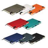 A collection of notebooks in green, white, orange, red, teal, navy, grey, and black, each with an attached pen.