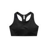A black crop top with a racerback design, featuring a logo on the front. Perfect for sports activities.