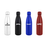 A drink bottle set featuring four insulated stainless steel bottles in silver, black, blue, and red with logos.
