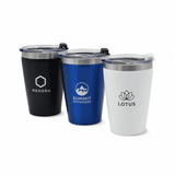 A drink bottle set featuring three tumblers in black, blue, and white with clear lids and logos.