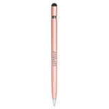 A metal pen in a rose gold colour with a stylus tip at one end and a branding logo.