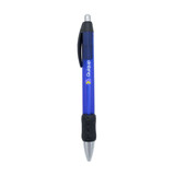 A blue metal pen with a chrome grip and a black rubberised section, featuring a logo.