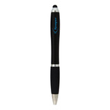 A black stylus pen with a silver tip and a grip section, featuring a logo on the barrel. A black stylus pen with a silver tip and a grip section, featuring a logo on the barrel.