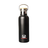 A drink bottle in matte black with a stainless steel lid and a wooden accent, featuring a logo.