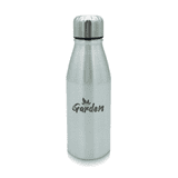 A drink bottle in silver aluminium with a stainless-steel screw top and a logo printed on the side. A drink bottle in silver aluminium with a stainless-steel screw top and a logo printed on the side.