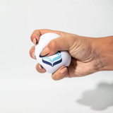 A white stress ball being squeezed, featuring a logo in blue and green. A white stress ball being squeezed, featuring a logo in blue and green.